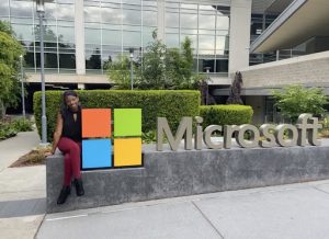 Student outside Microsoft office in Seattle, Washington.