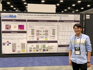 Yan-Bo Lin presents a poster for his paper “Vision Transformers Are Parameter-Efficient Audio-Visual Learners” at CVPR 2023