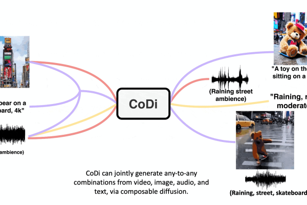 A diagram demonstrates how CoDi takes in multiple elements of various modalities and outputs a file combing elements of each to make a composite video clip