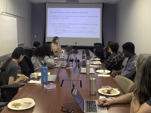The 2023 REU cohort attends a lunch workshop led by UNC CS doctoral student Kaki Ryan