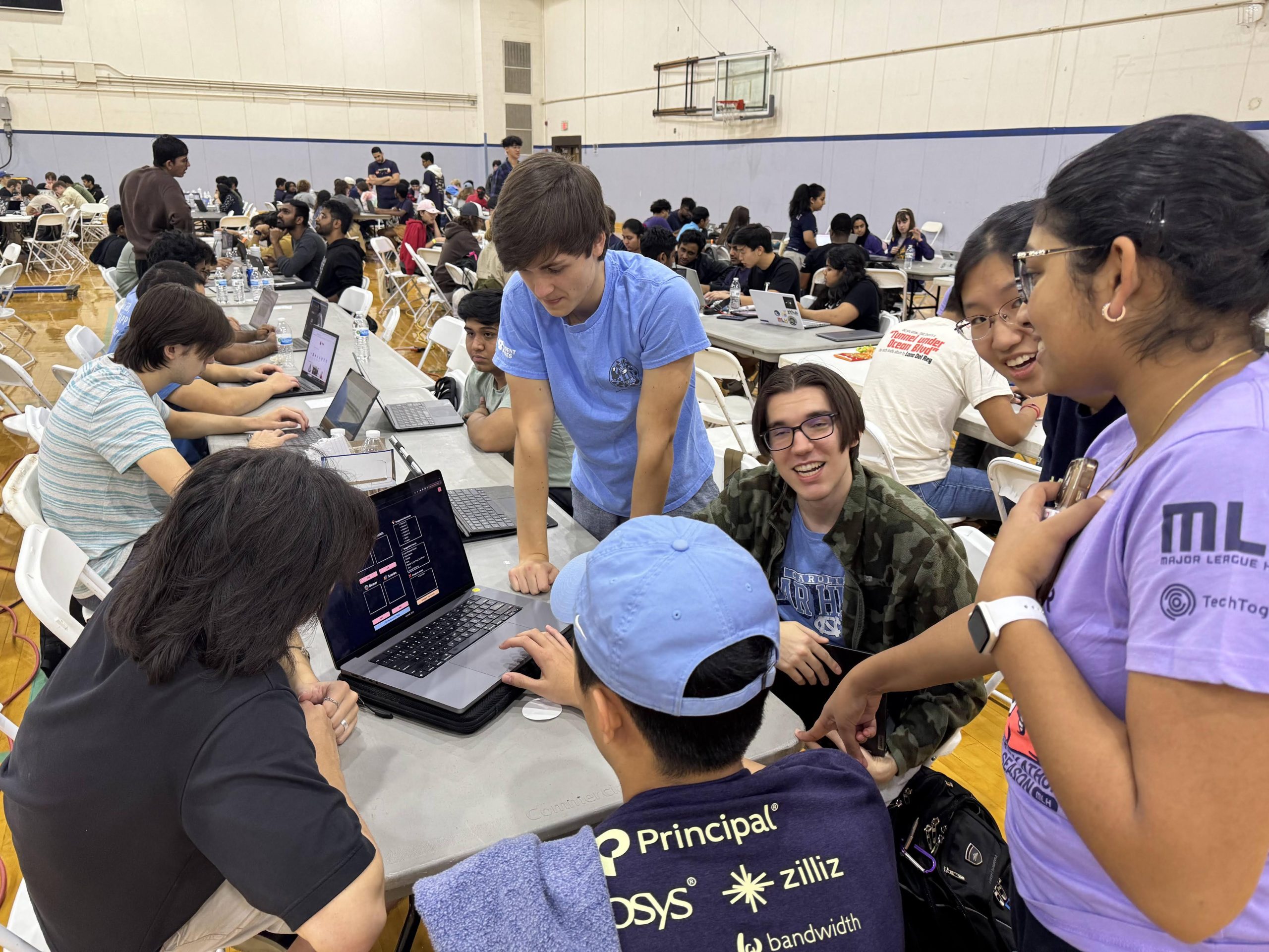 A team of HackNC competitors works on their project in Fetzer Gym
