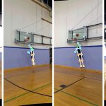 A composite image of simultaneous captures from four different cameras showing a man playing basketball in Chapel Hill. Points on his body are marked the same way in each capture.