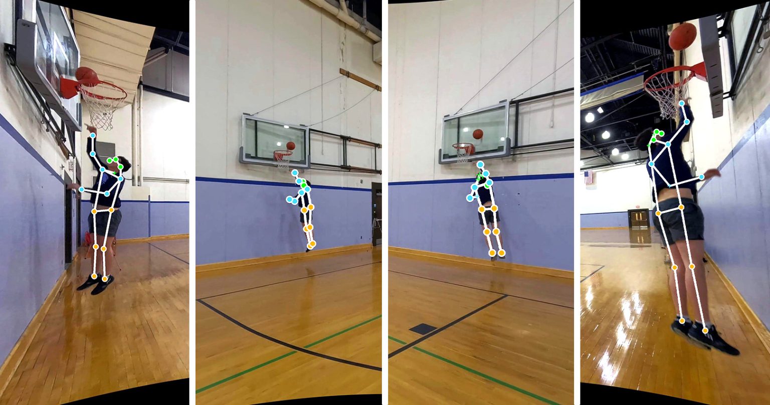A composite image of simultaneous captures from four different cameras showing a man playing basketball in Chapel Hill. Points on his body are marked the same way in each capture.