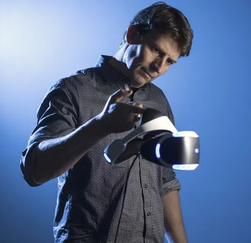 Richard Marks holds a PlayStation VR headset during his time working for Sony