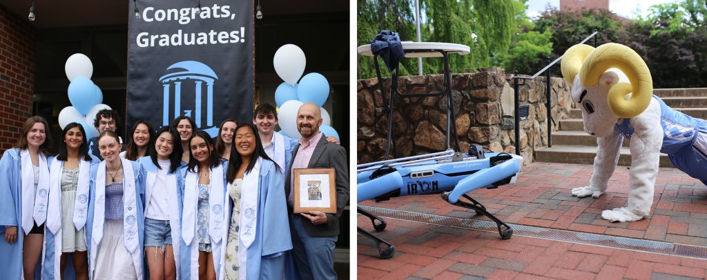 Composite photo from the kick-off reception; left: graduates pose with faculty member Kris Jordan, right: Rameses and Spot compete in a push-up competition